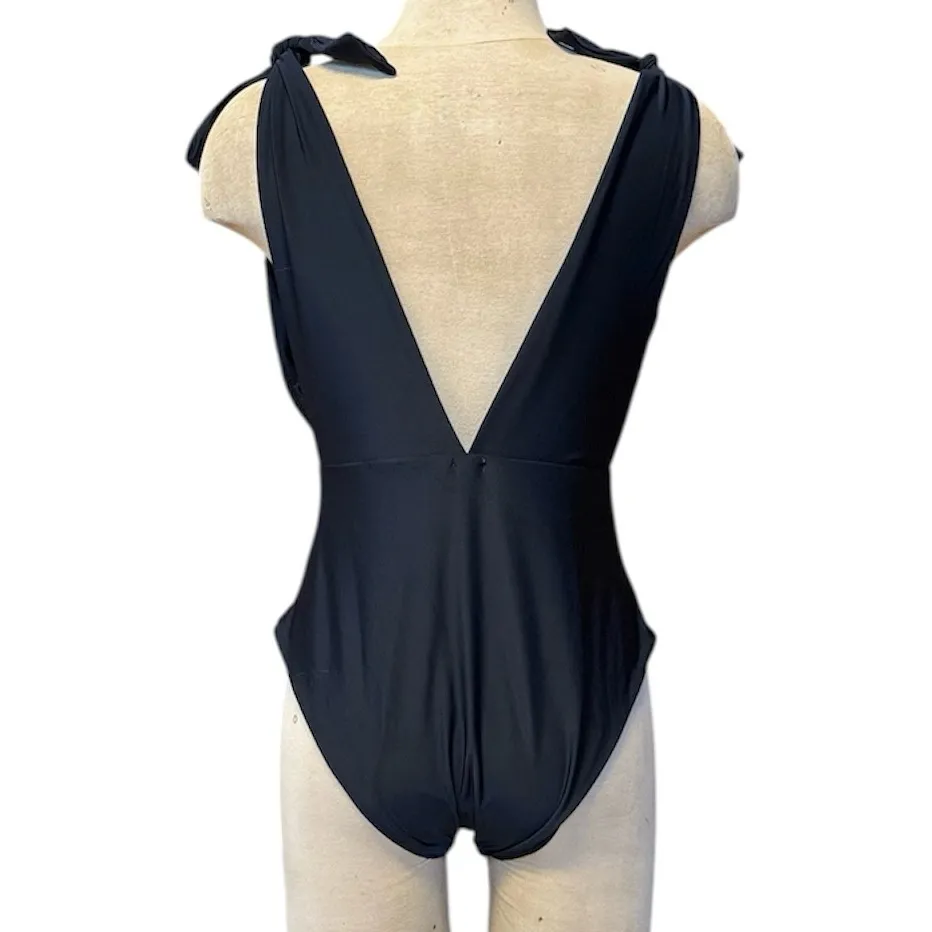AE Aerie Swimsuit One Piece Long Black Plunge Shoulder Ties L Large - Image 3