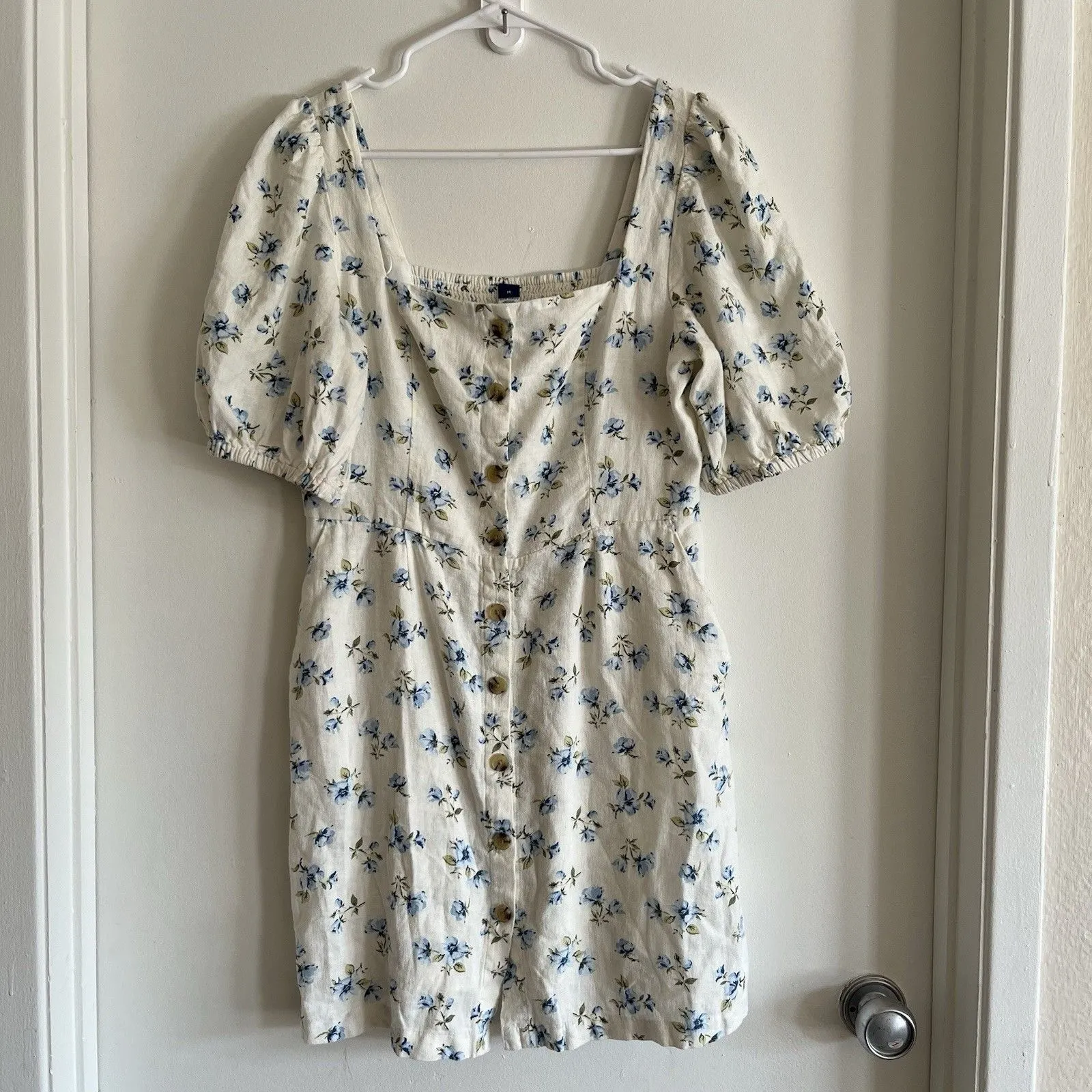 NWT Old Navy white & blue floral baby doll mini dress SZ M Peasant - Image 2