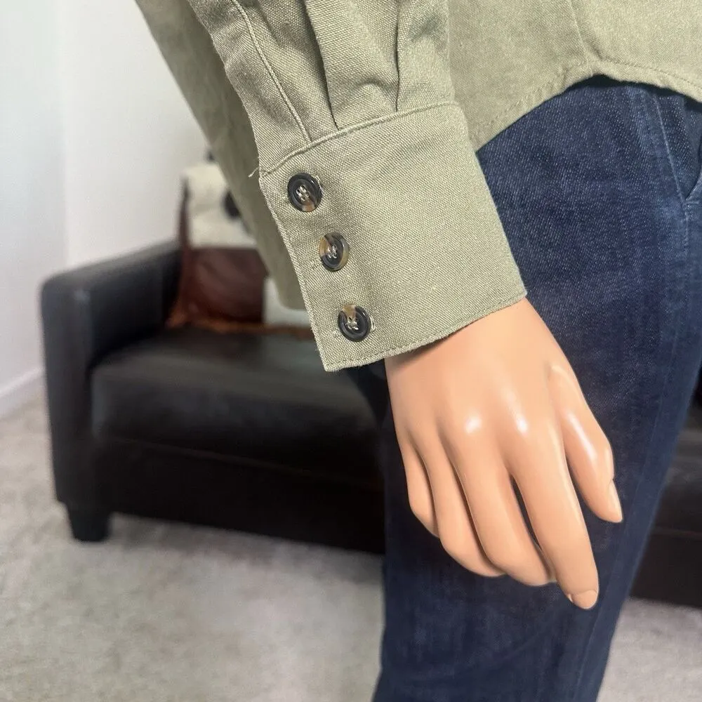 Tuckernuck Med Olive Steele Button Up Utility Blouse Shirt Linen Blend Forest - Image 5