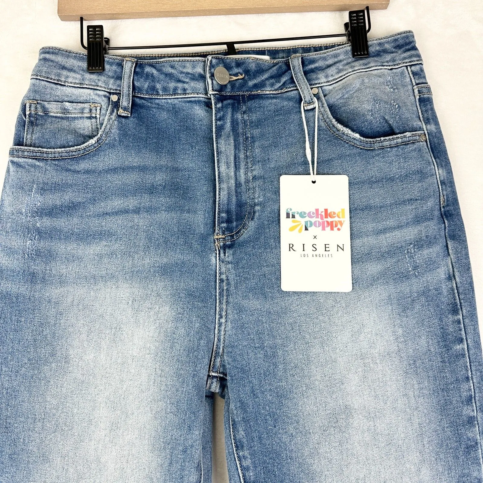 Freckled Poppy X Risen Jeans High Rise Flare Leg Crop Jeans Size 15/32 NWT Light Blue - Image 4