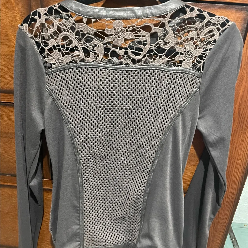 Gray Mesh and Lace Long Sleeve Zip Up - Image 2