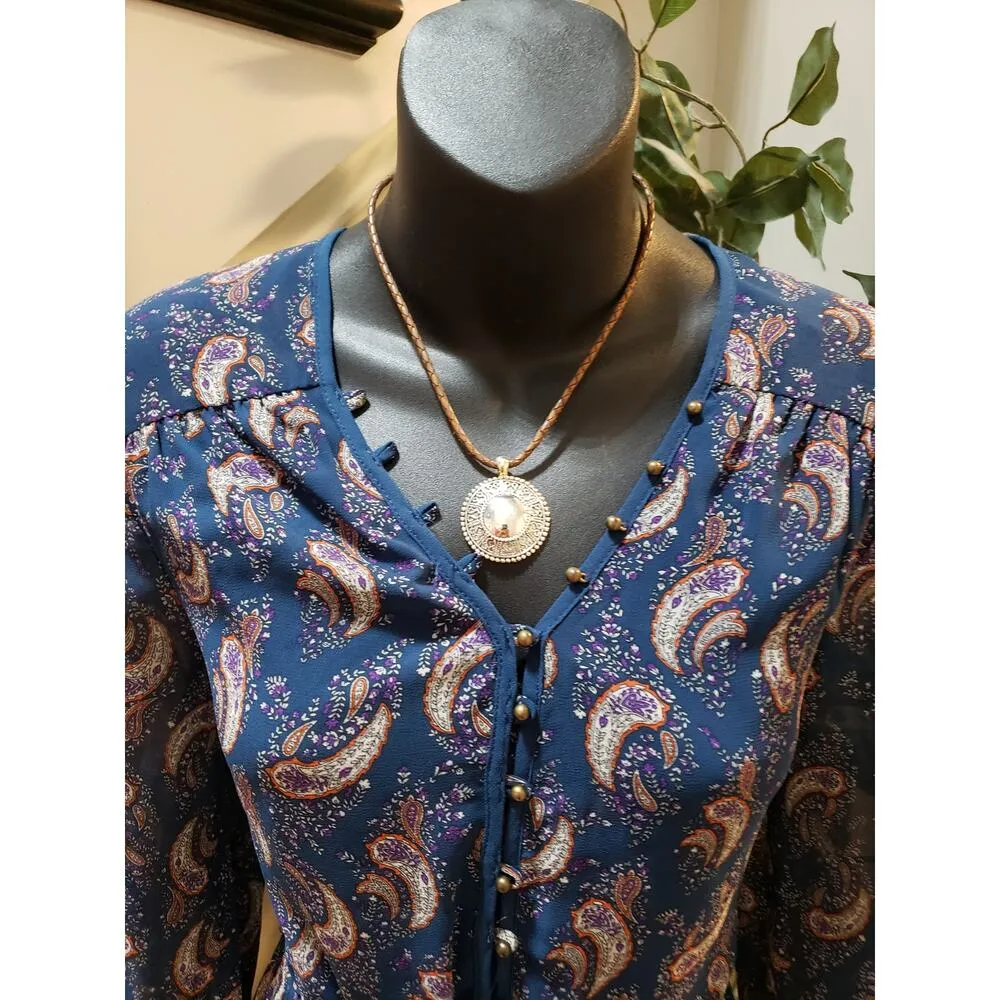 DR2 A Line Dress Women Navy Paisley Tie Waist Long Sleeve V Neck Button Front XS Blue - Image 4