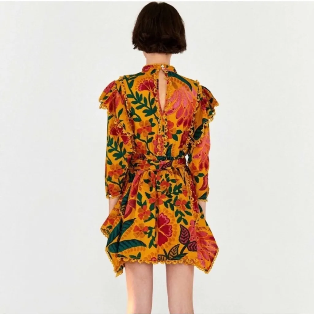 Farm Rio Flowerdoscopic Cotton Ruffle High Neck Floral Mini Dress Yellow Size XS - Image 7