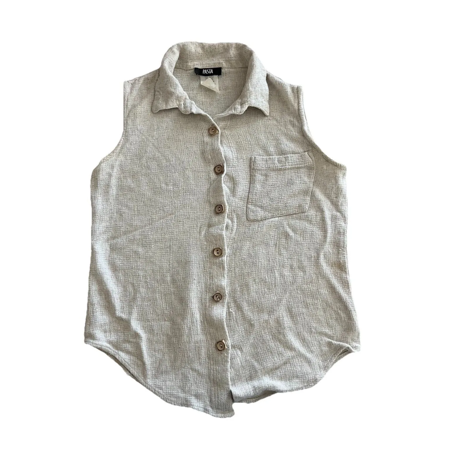Vtg 90s Pasta USA Women's Sleeveless Button Up Shirt Cream Linen Blend Size M Tan Size M - Image 2