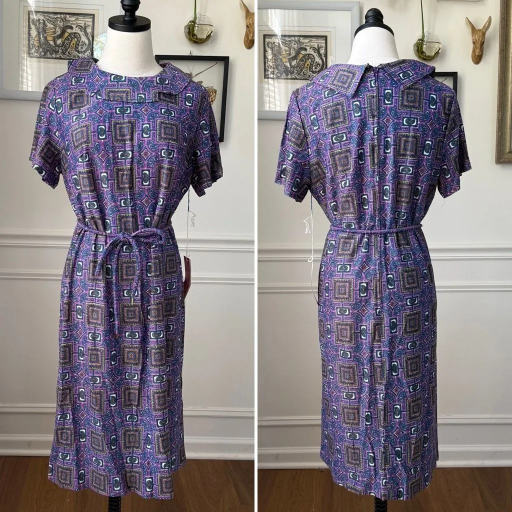 NWT NOS Vintage 60s 70s Craig Byron Funky Mod Prjnt Dress L Purple Size L - Image 2