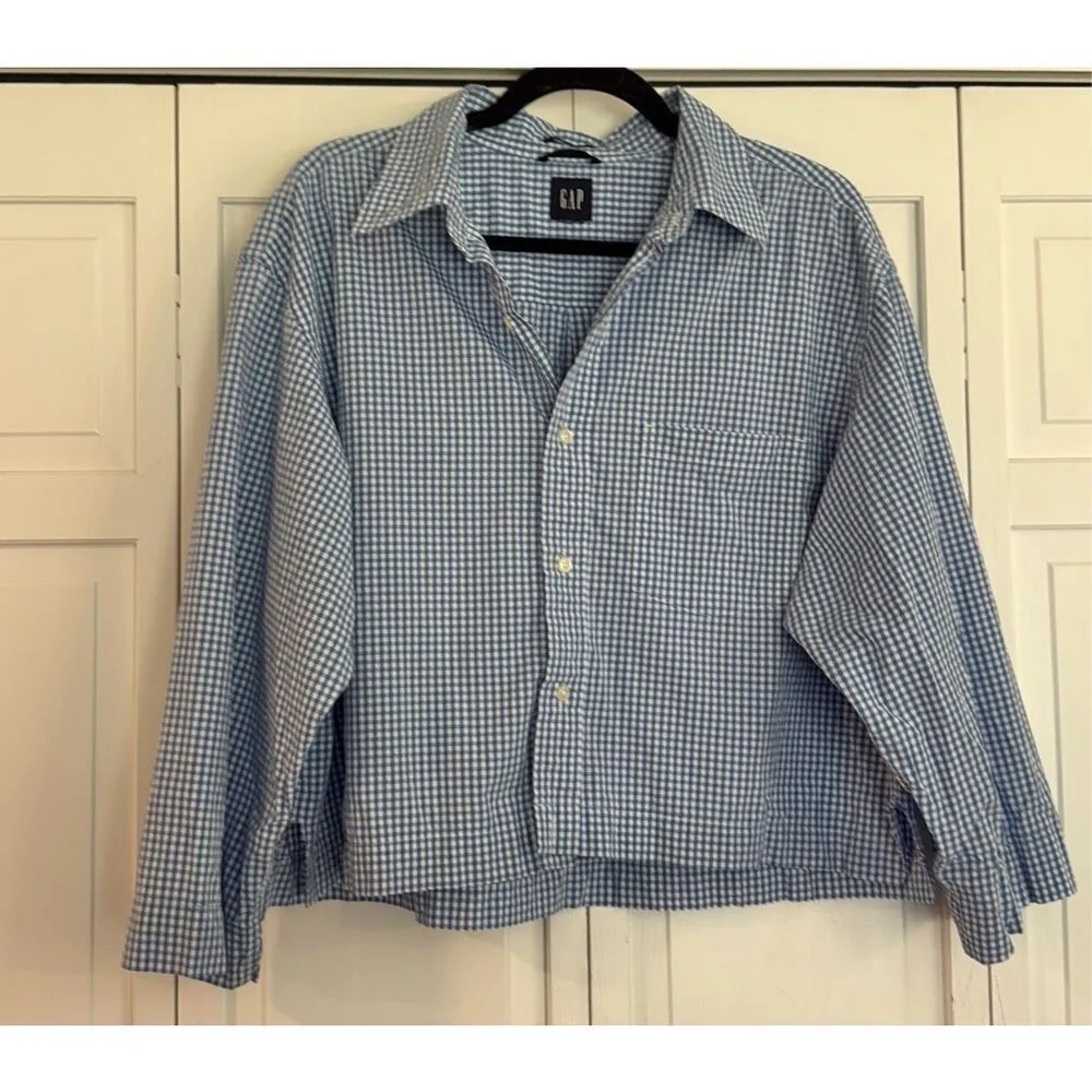 Gap oversized blue gingham cropped altered button down blouse large - Image 2