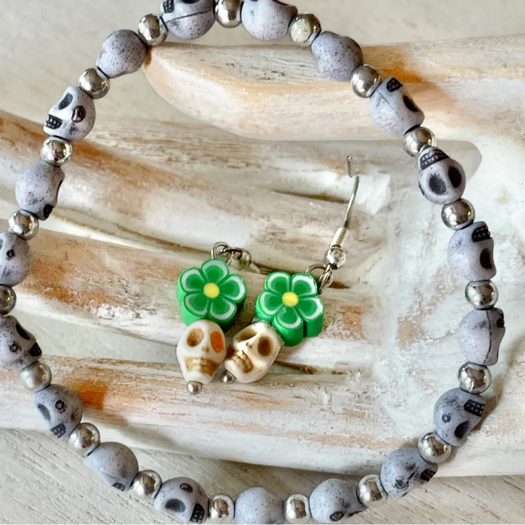 Dainty Tiny Skull Bracelet Earring Set Whimsigoth Bundle Green - Image 10