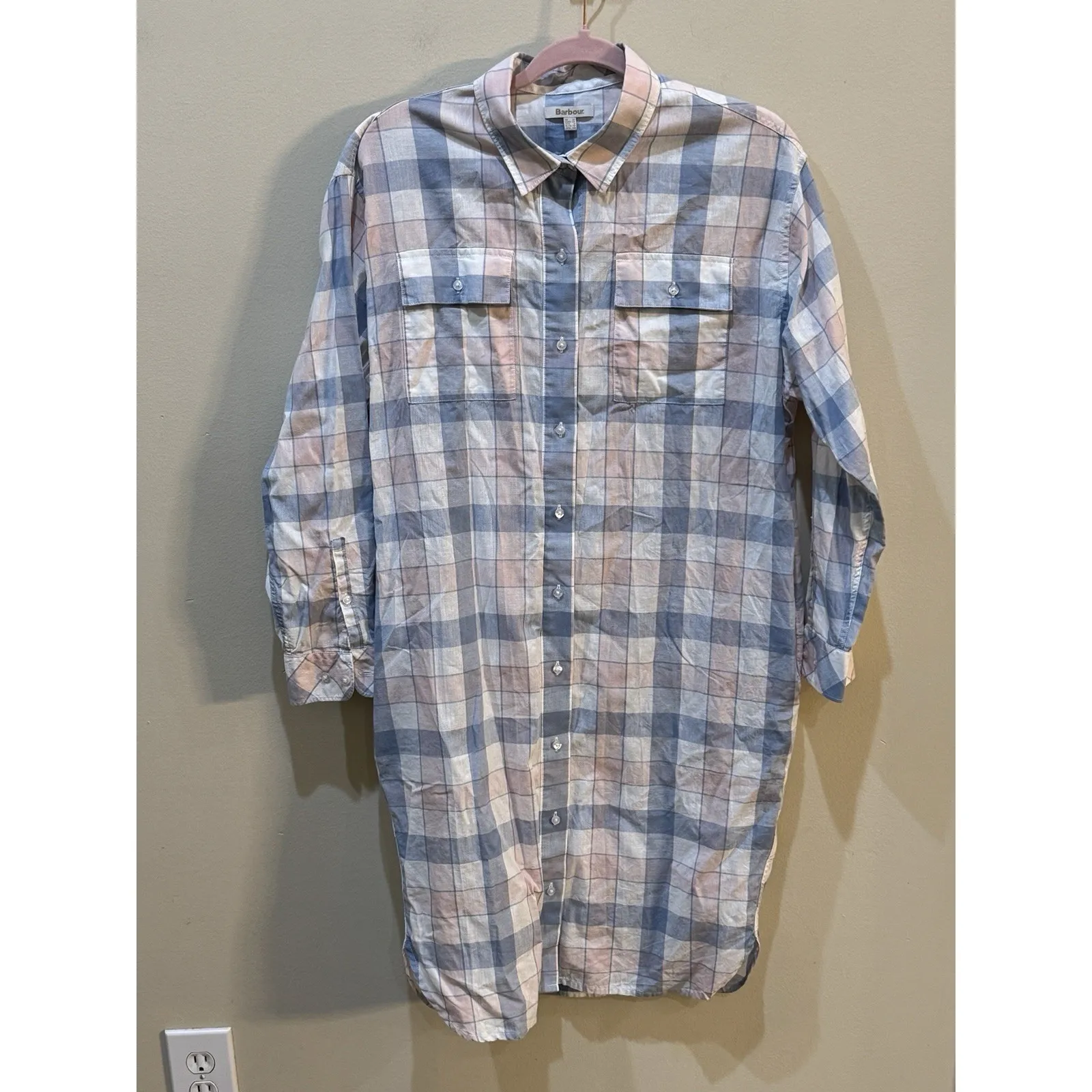 Barbour Summer Millcross Shirt Dress Linen Blend Plaid‎ Size 6 Duster - Image 3