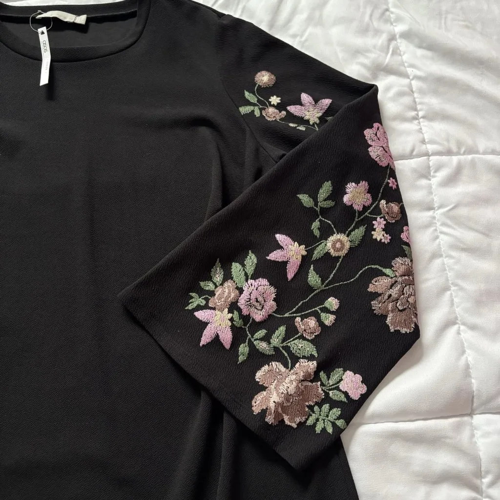 NWT ASOS Womens Size 18 Curve Black Midi Dress Floral Embroidery Long Sleeve - Image 2