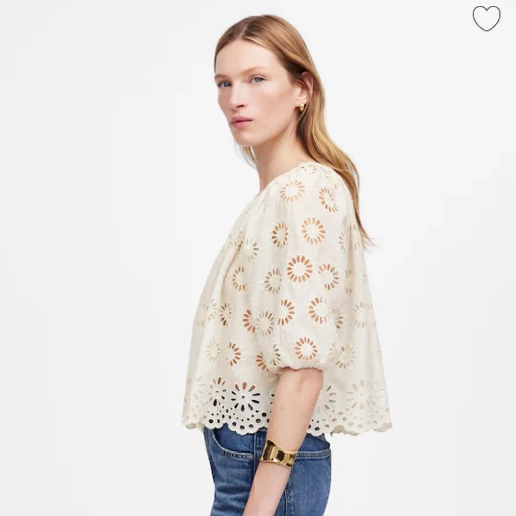 Madewell Embroidered Shirred Puff-Sleeve Top Floral Eyelet Size Large - Image 2