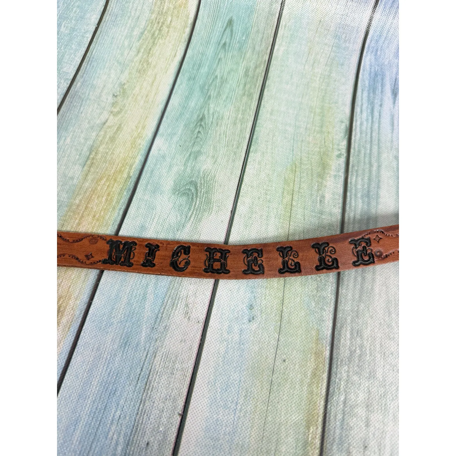 Vintage Western Belt Leather Silver Concho Michelle Custom Name Silver Buckle Brown - Image 4