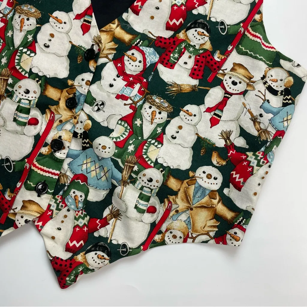 Vintage 90s Holiday Vest Winter Christmas‎ Snowman Women Cotton Print Green Size M - Image 6