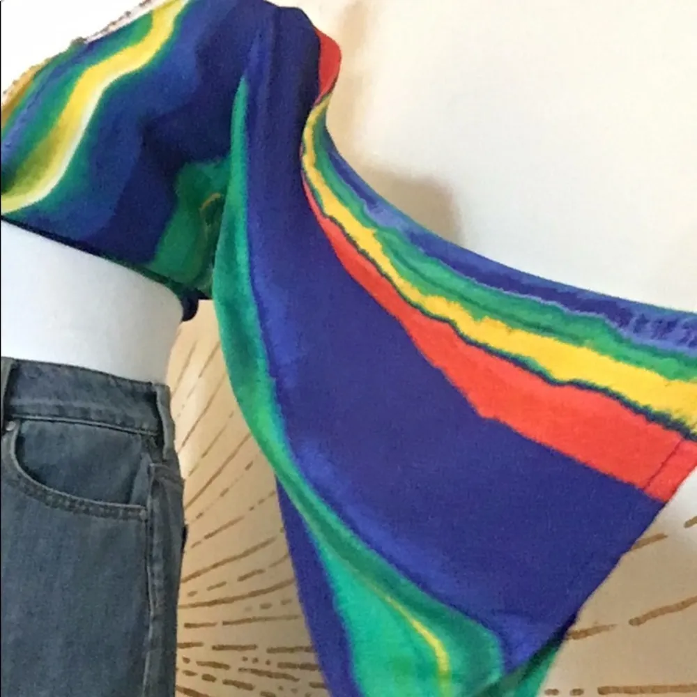 Forever 21 Watercolor Striped Tie Front Crop Long Bell Sleeve Festival Top - Image 4