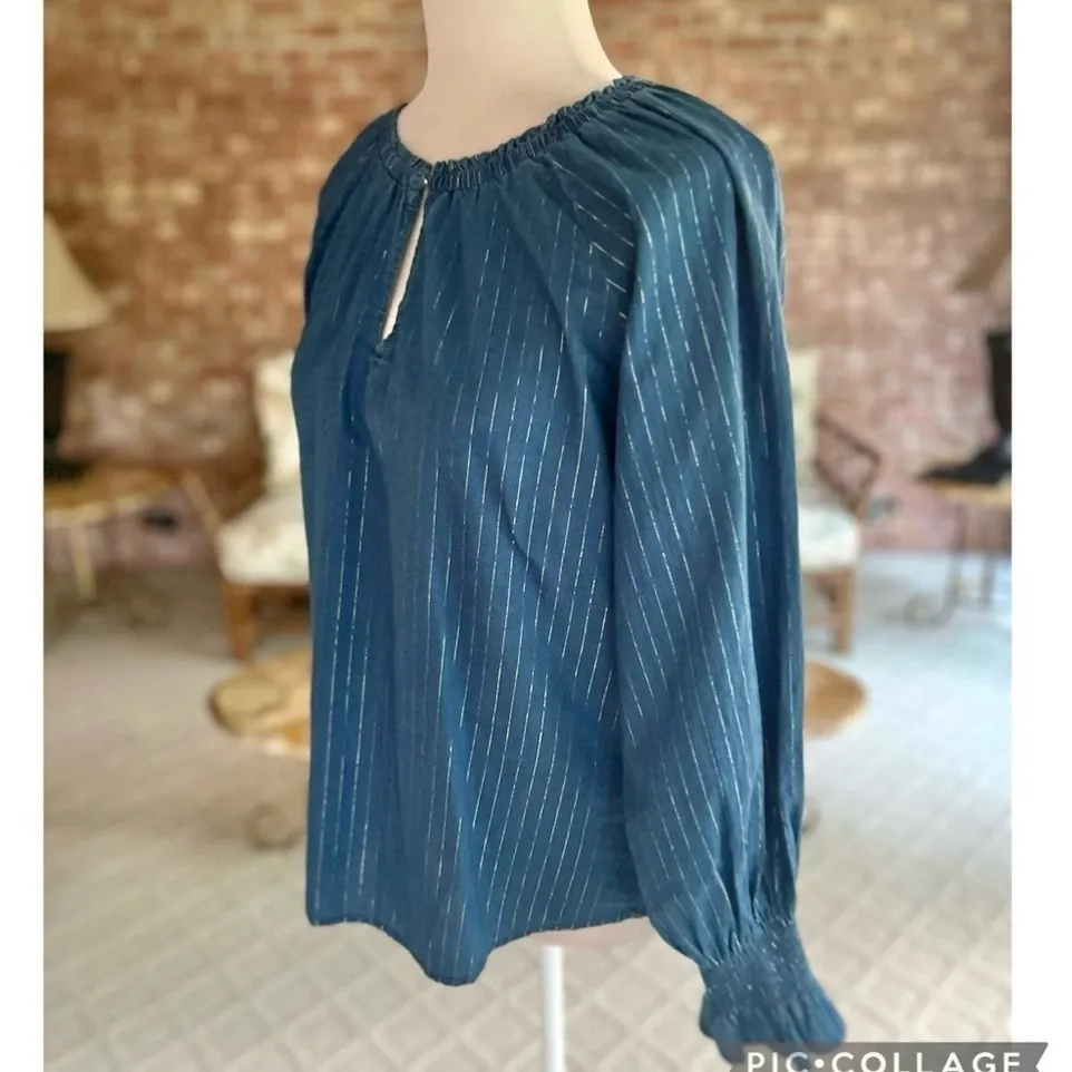 WHBM Top Blue Silver Metallic Striped Long Sleeve Blouse XS Smocked Cuff Party - Image 7