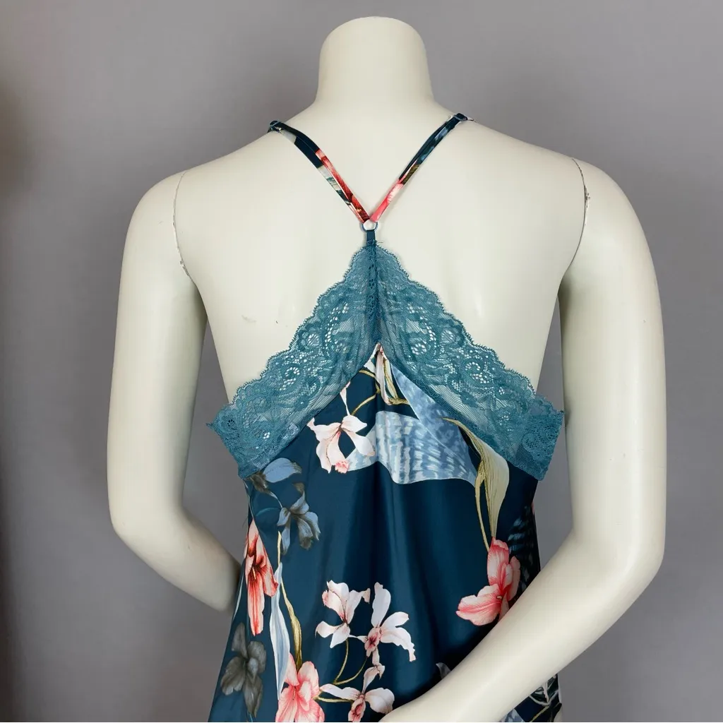 Linea Donatella Chemise Nightgown Intimates Teal Satin V-Neck Lace‎ Floral Large - Image 6