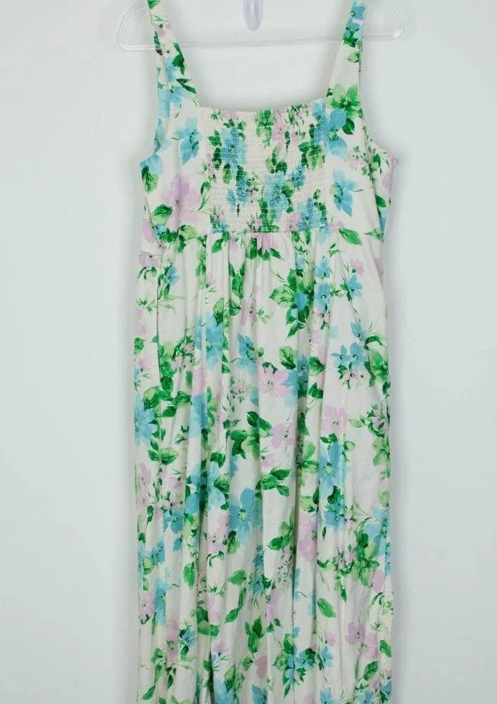 Old Navy Womens Floral Linen Midi Dress Size XL White Smocked Cottagecore Spring - Image 7