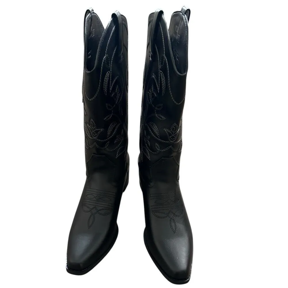 IUV Women’s Size 10 Black Leather Cowboy Cowgirl Boots Embroidered Pointy Toe - Image 2