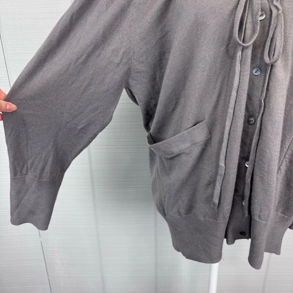 Demylee Gray Cashmere Button Up Cardigan Drawstring Tie Front Bow Scoop Neck L Size L - Image 3