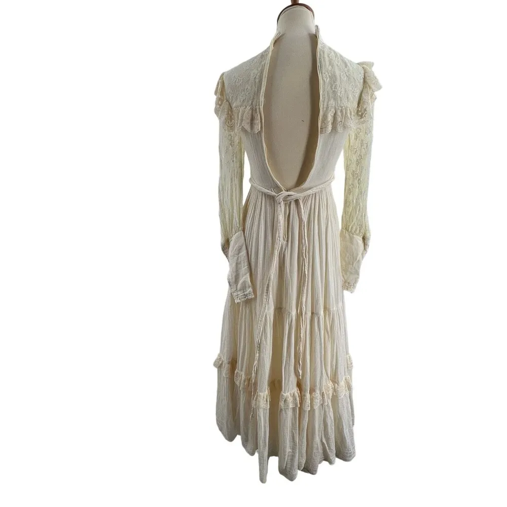Gunne Sax Dress Vintage 70s Prairie Wedding Cream Lace Gauze Coquette Long Maxi - Image 9