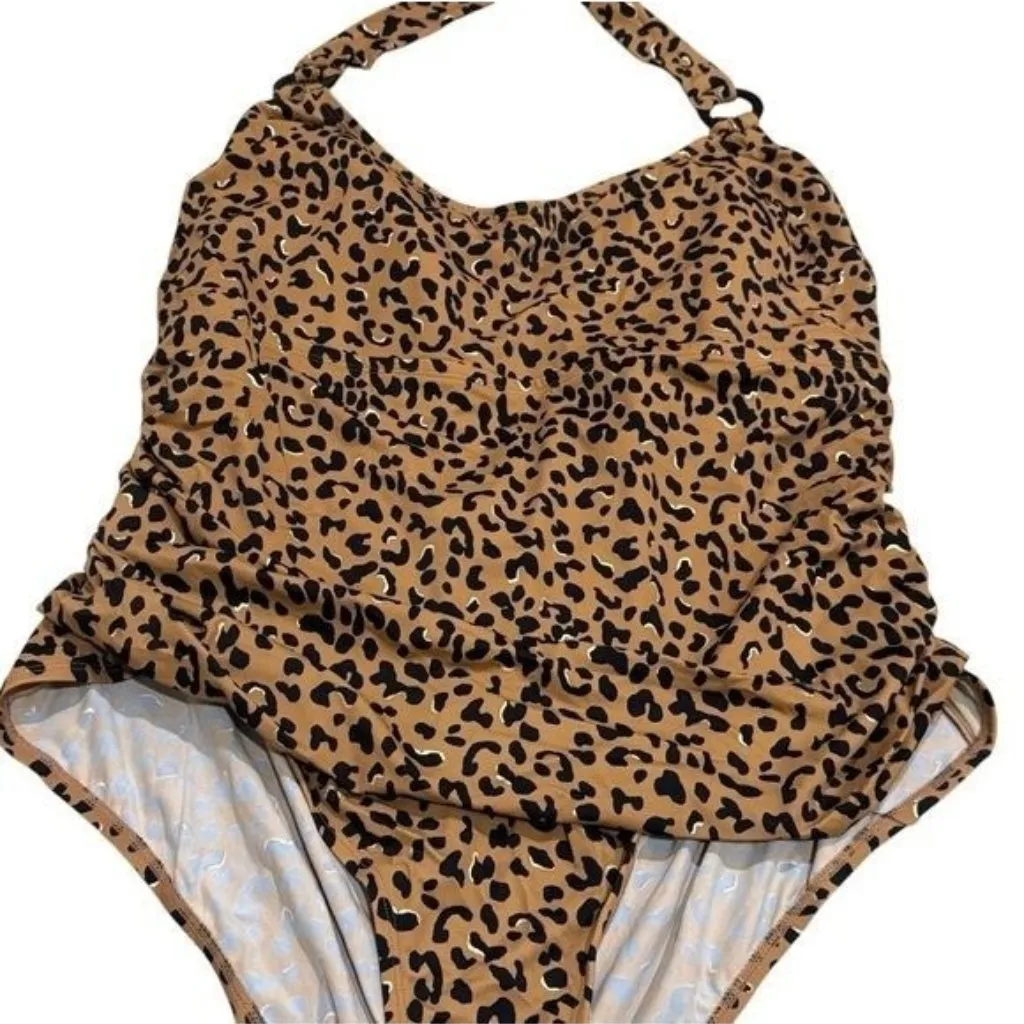 NEW Avenue Tan Black Gold Cheetah Print Halter One Piece Swim Resort Coastal 26W - Image 3