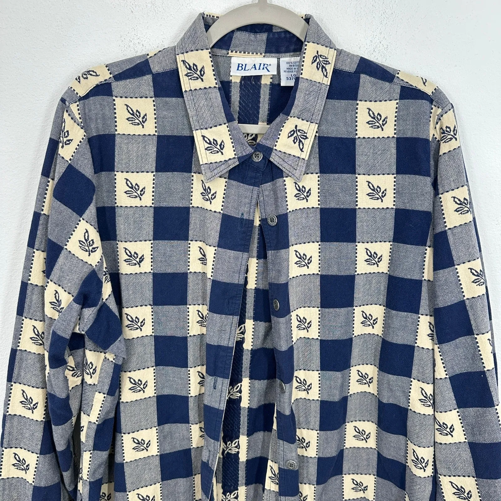 Blair Women's Blue Beige Plaid Leaf Print Button Up Shirt Cottagecore Checkered - Image 4