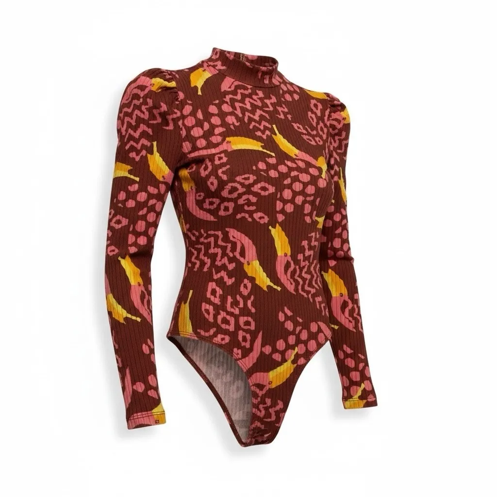 Farm Rio Toucanissimo Long Sleeve Stretch Cotton Bodysuit Size S Burgundy - Image 5