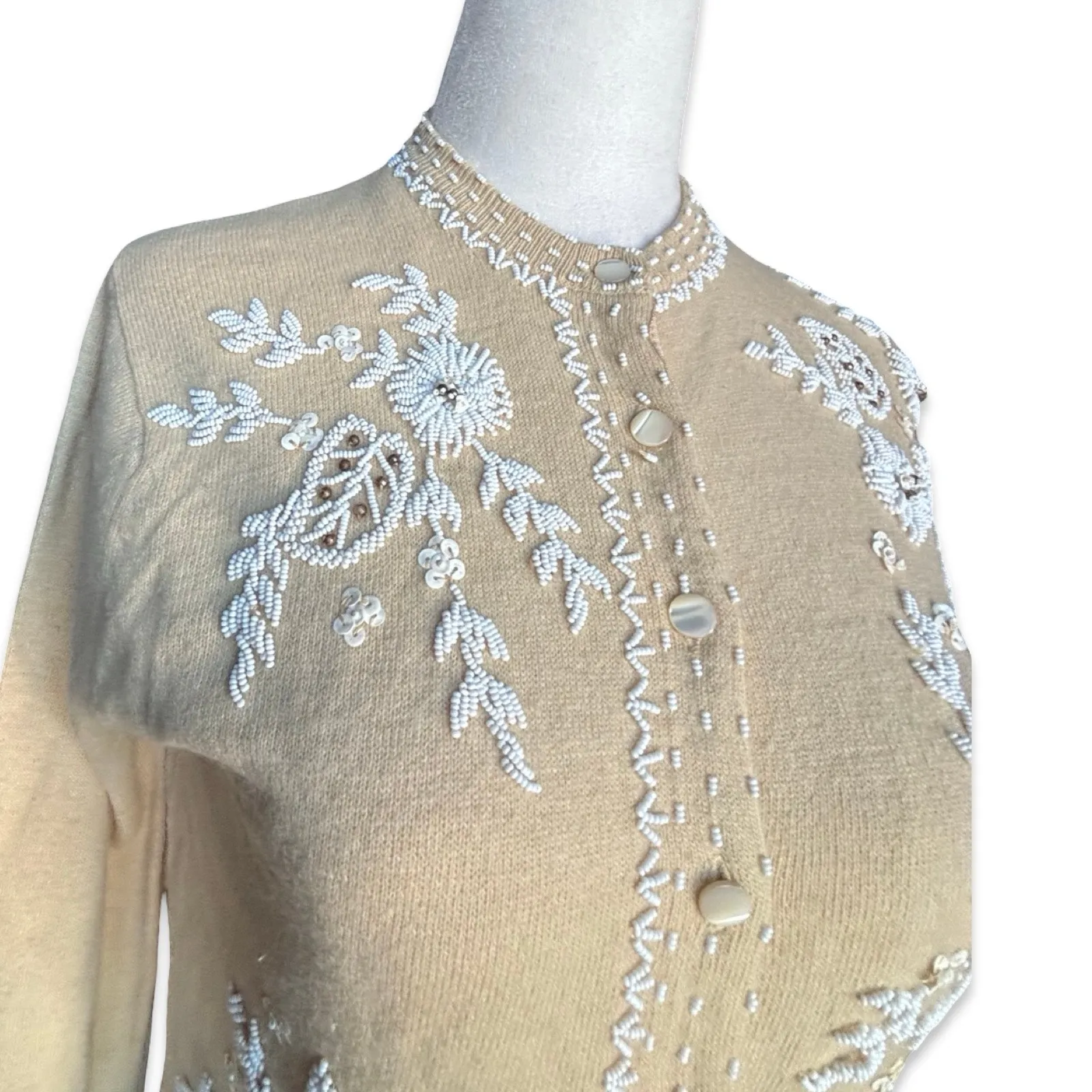 Vintage Beaded Cardigan Cream Beige Floral Beaded Knit Wool Cottage Feminine Tan - Image 3