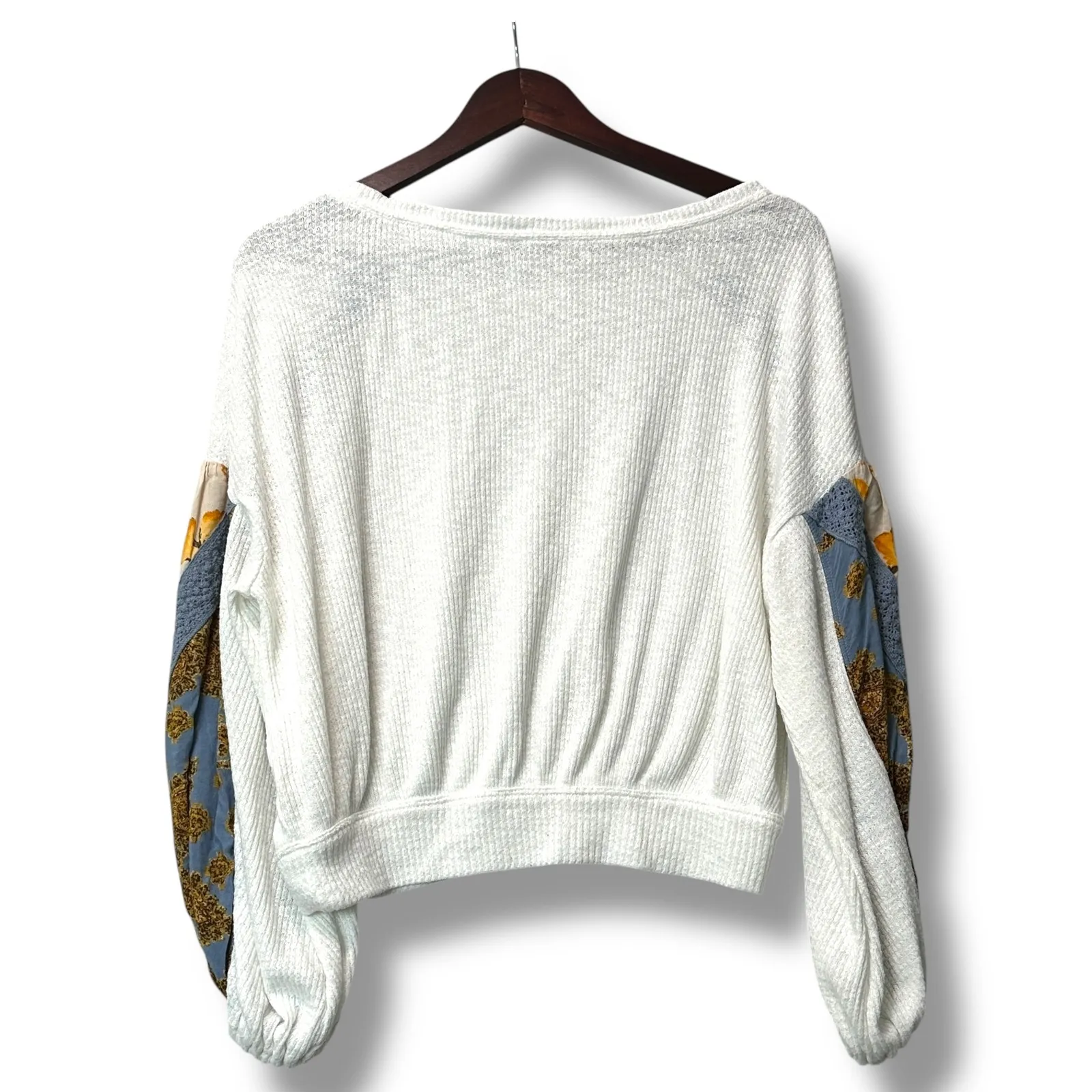 Free People Women XS White Waffle Knit‎ Boho Patchwork Top Festival Art Romantic - Image 2