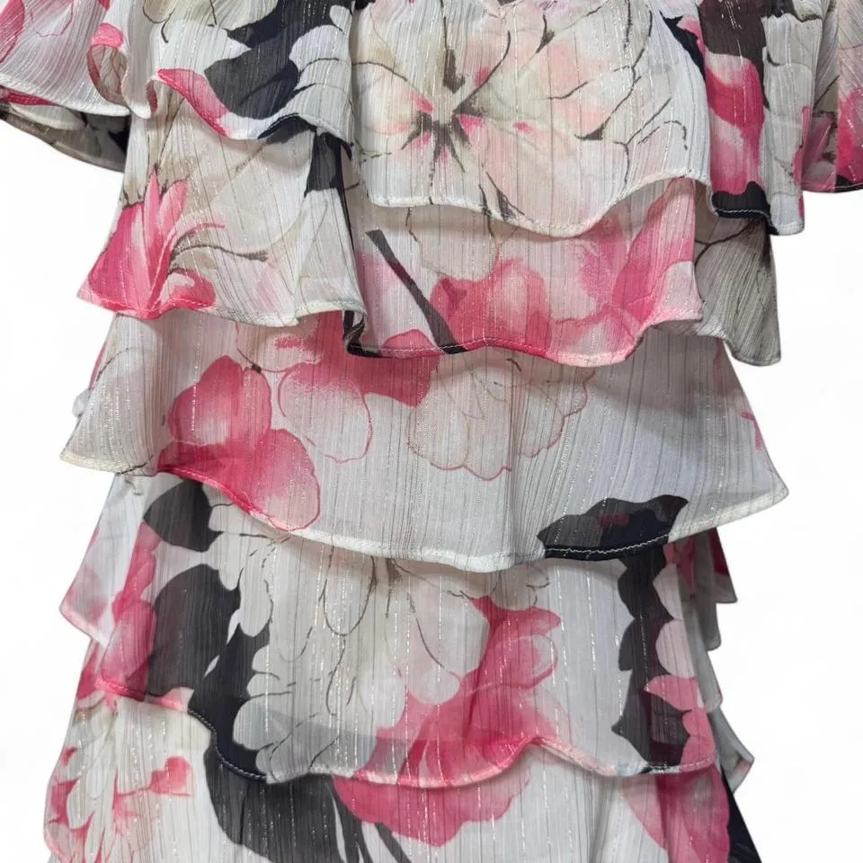 White House Black Market XS Off Shoulder Floral Ruffle Tiered Top Blouse Boho - Image 3