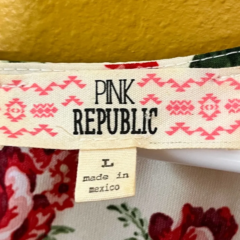 Pink Republic Shirt Rose Floral Short Sleeve Sheer Blouse L - Image 6