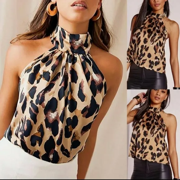 Leopard Print Halter Backless Top Brown Size XL - Image 2
