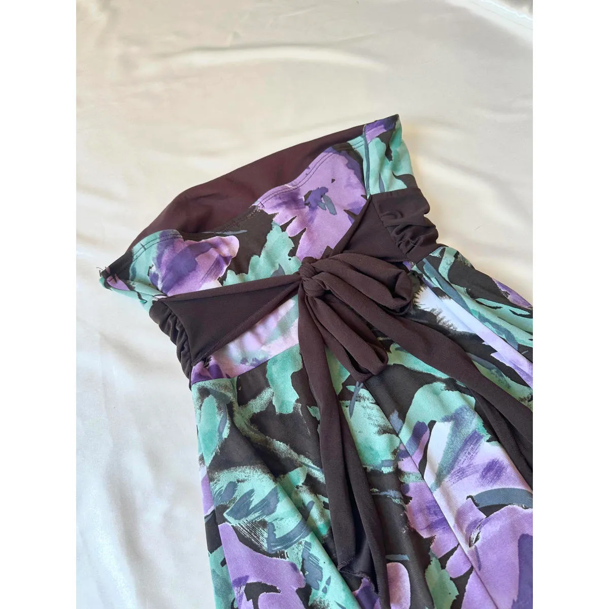 Green Purple and Brown Floral Strapless Dress Vintage - Image 5