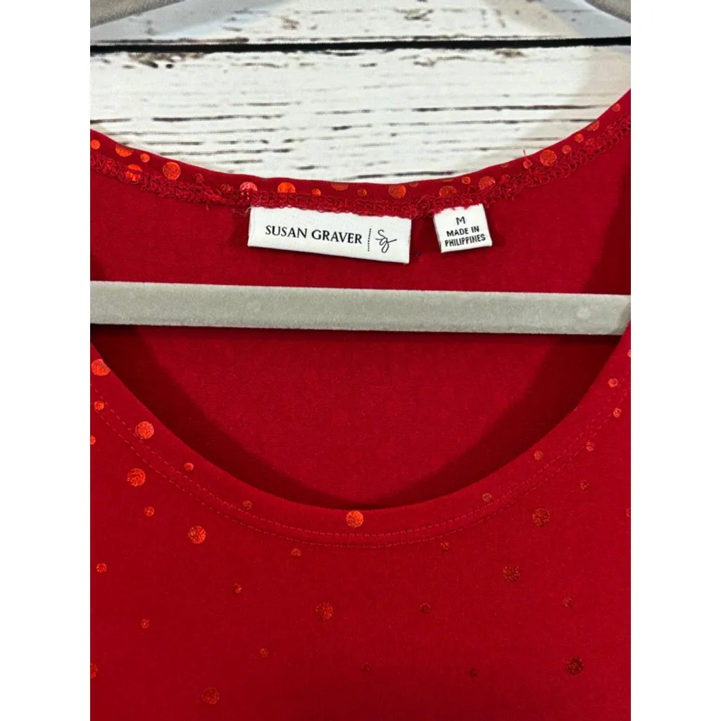 Women's Susan Graver Red Orange Polka Dot Long Sleeve Tee M - Image 3