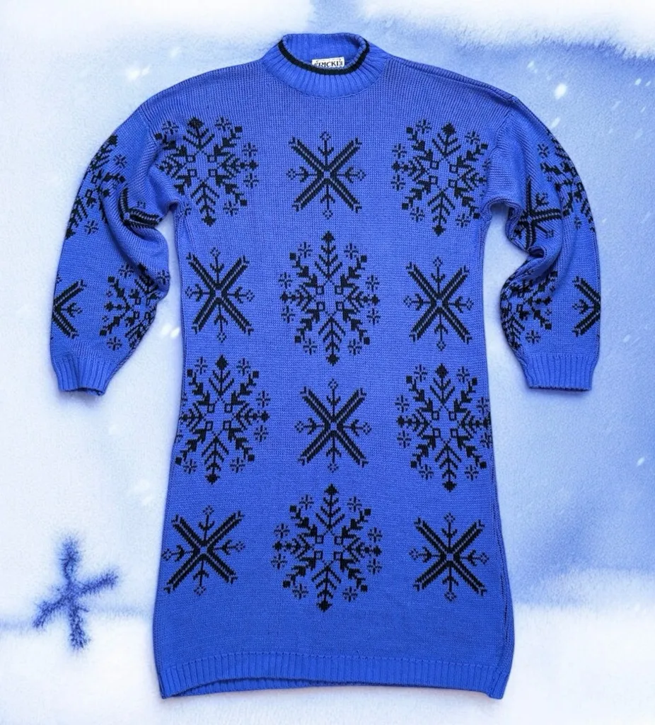 Vintage Sweater Dress Winter Snowflakes USA L Large XL Black - Image 2