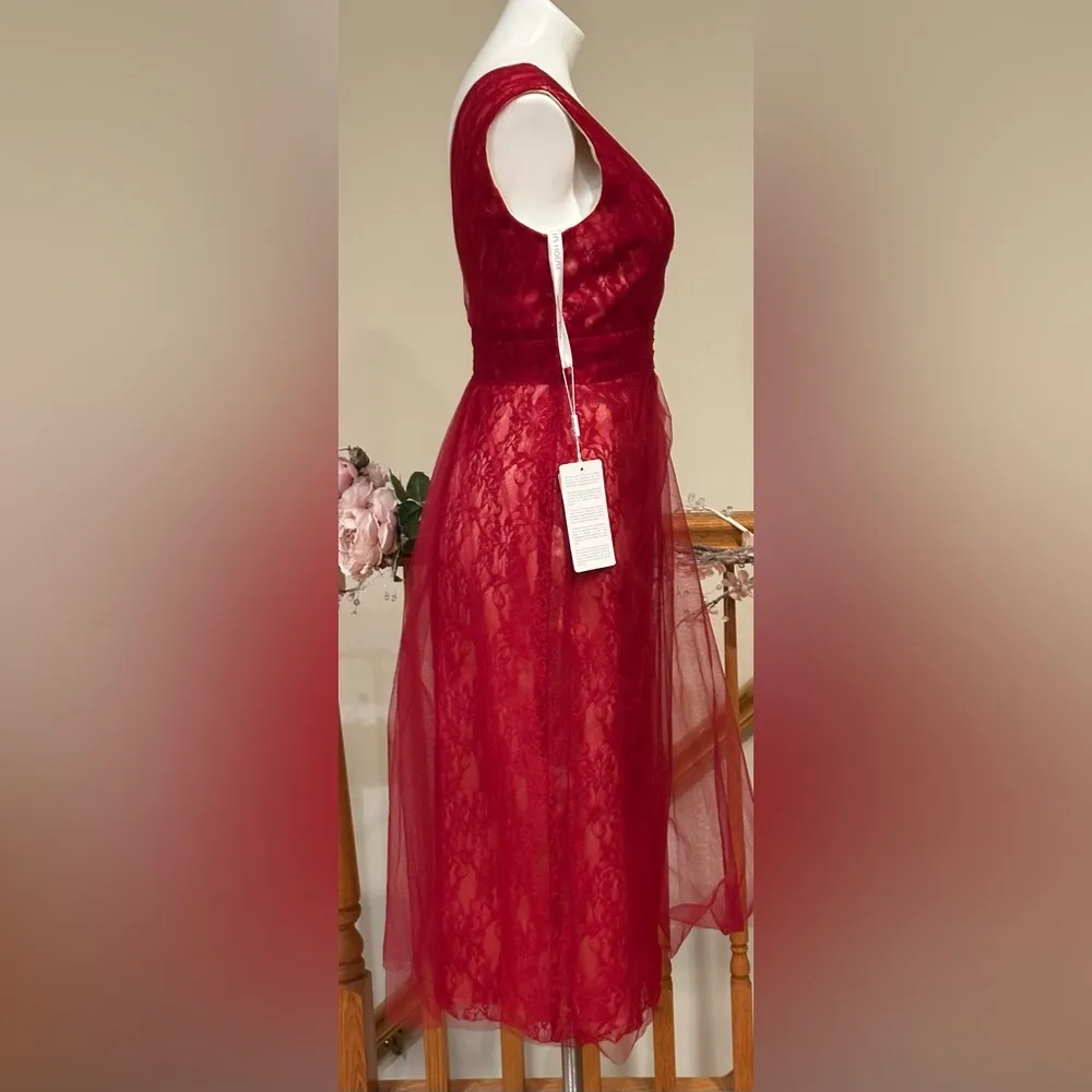 JJ’s House Burgundy Sheath/Column Tea-Length Tulle Cocktail Dress Ruffle Sz 4 - Image 7