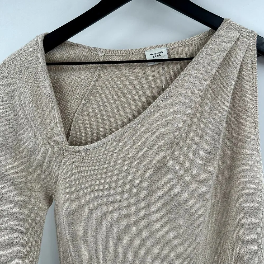 Long-Sleeve One-Shoulder Mini Sweater Dress Cream and Gold Size Large Tall NWT - Image 3