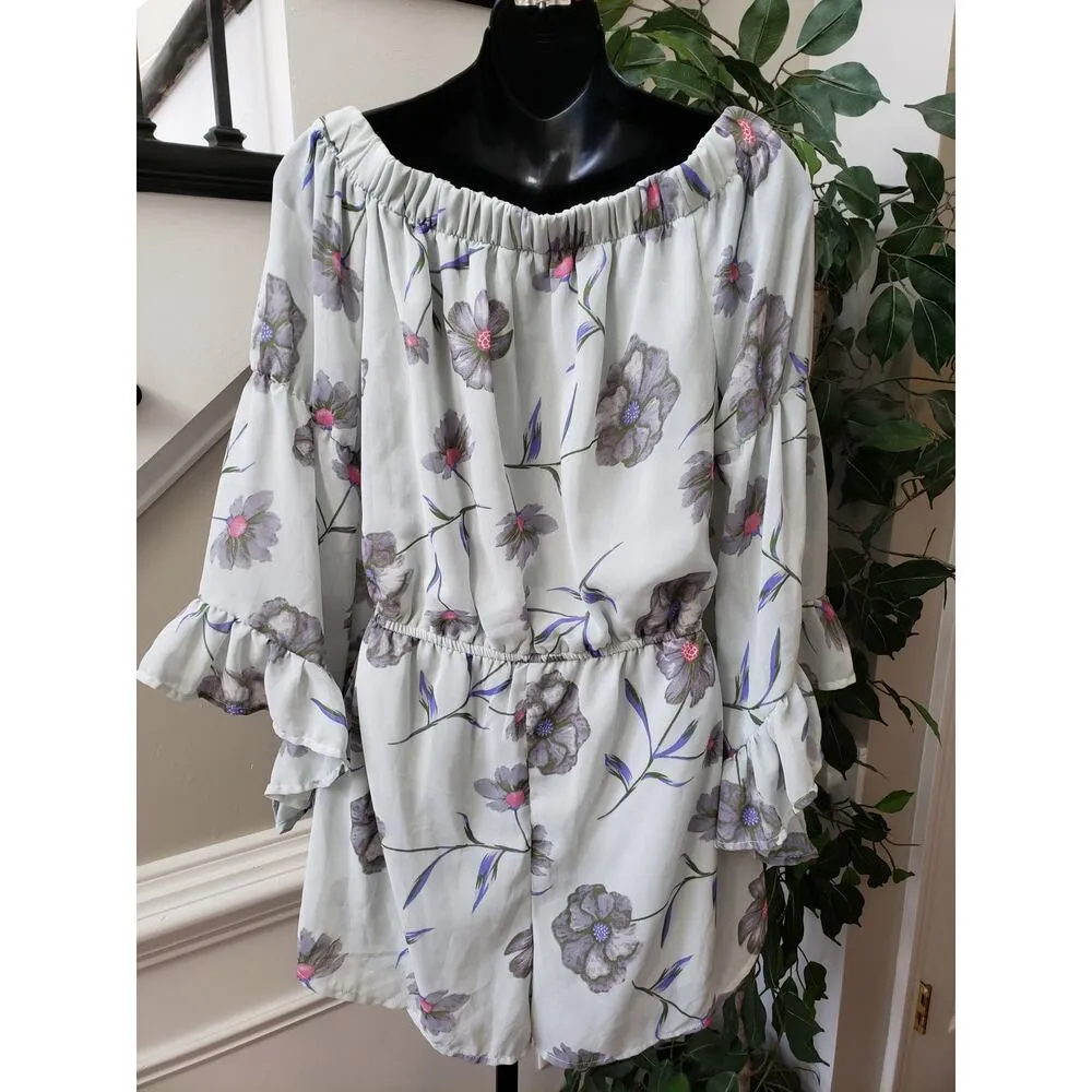 Blush Romper Women Large Gray Floral Print Off Shoulder Cinch Waist Flare Sleeve - Image 4