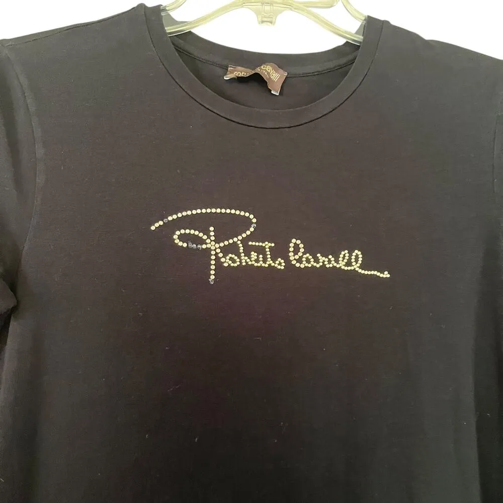 Roberto Cavalli Black Tone on Tone Colorblock Gold Stud Logo Dress Size L Size L - Image 3