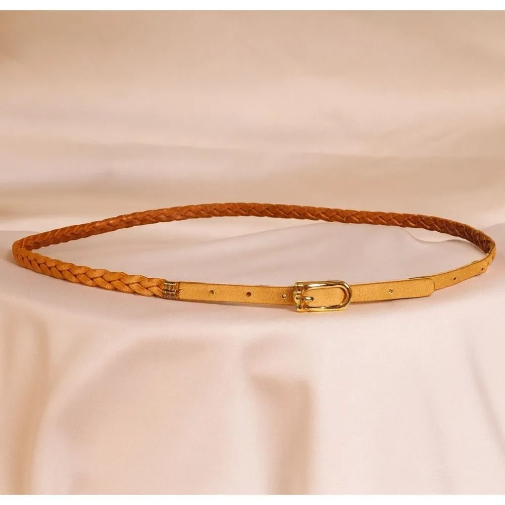 Women's Brown Woven Braided Adjustable 5 Hole Waist Belt Gold Buckle Belt Chic Brown - Image 2