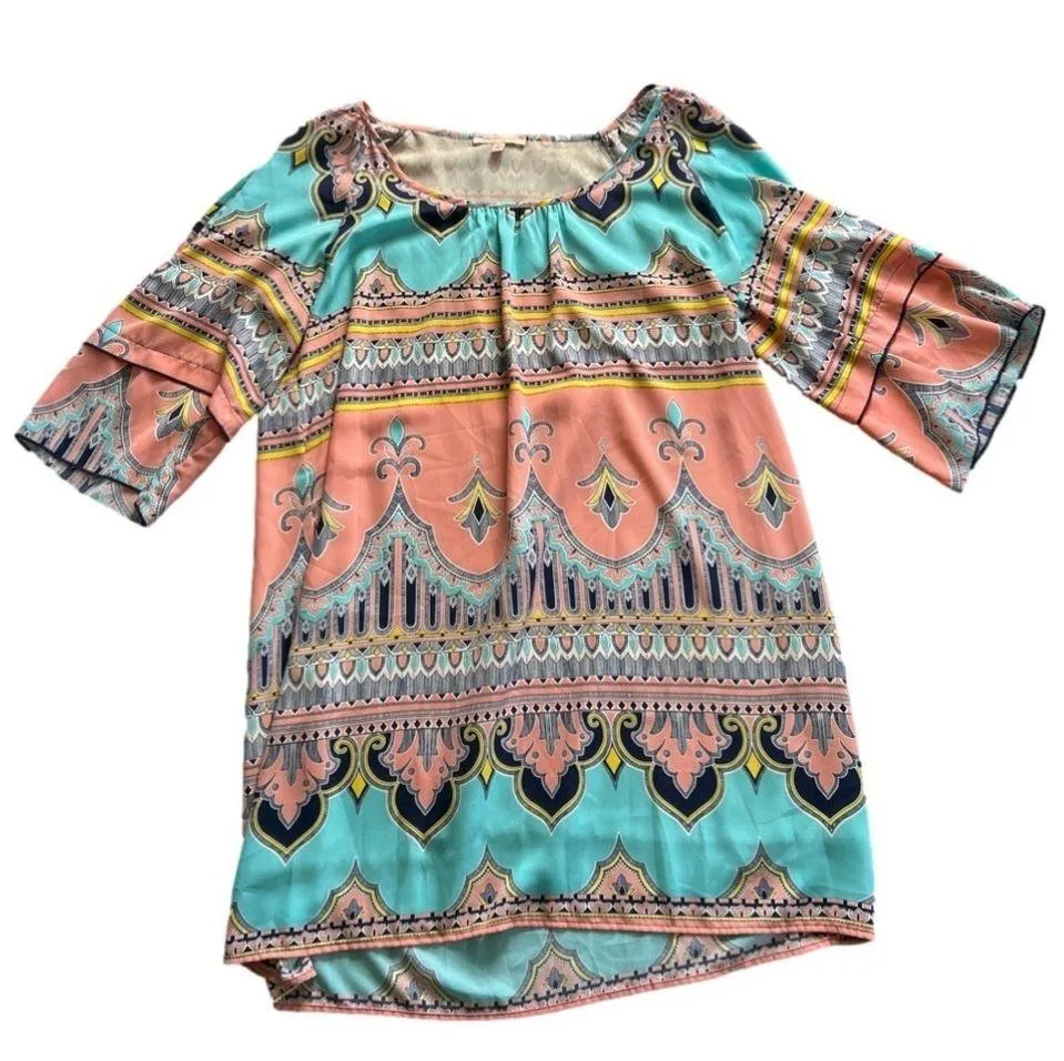 Gibson Latimer Moroccan 3/4 peep hole sleeves size L colorful dress - Image 2