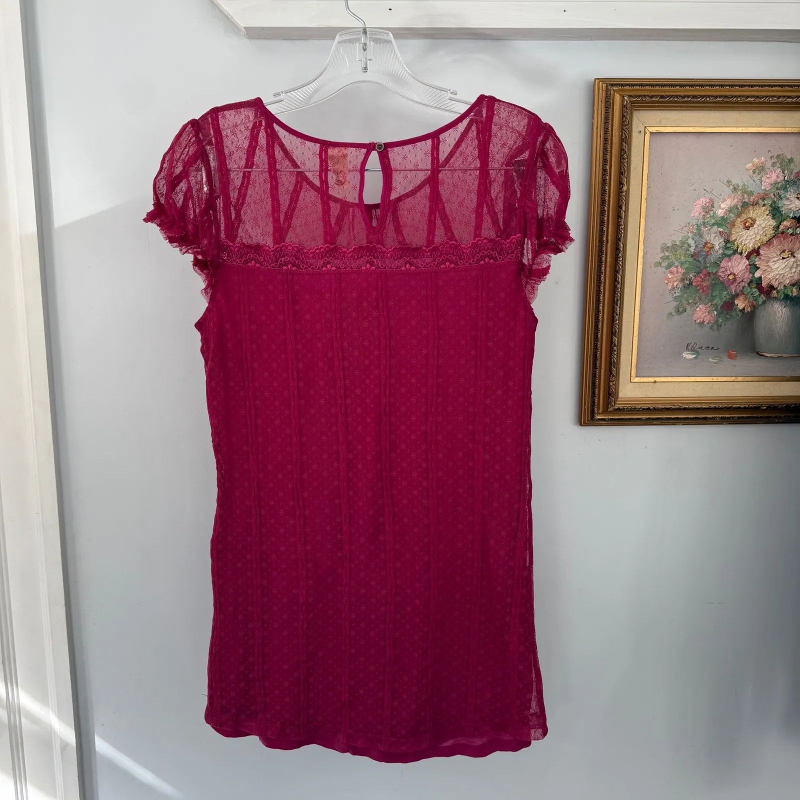 Free People Lace Babydoll Y2K Top Sheer Cap Sleeves  Boho‎ Coquette Chic Large - Image 3
