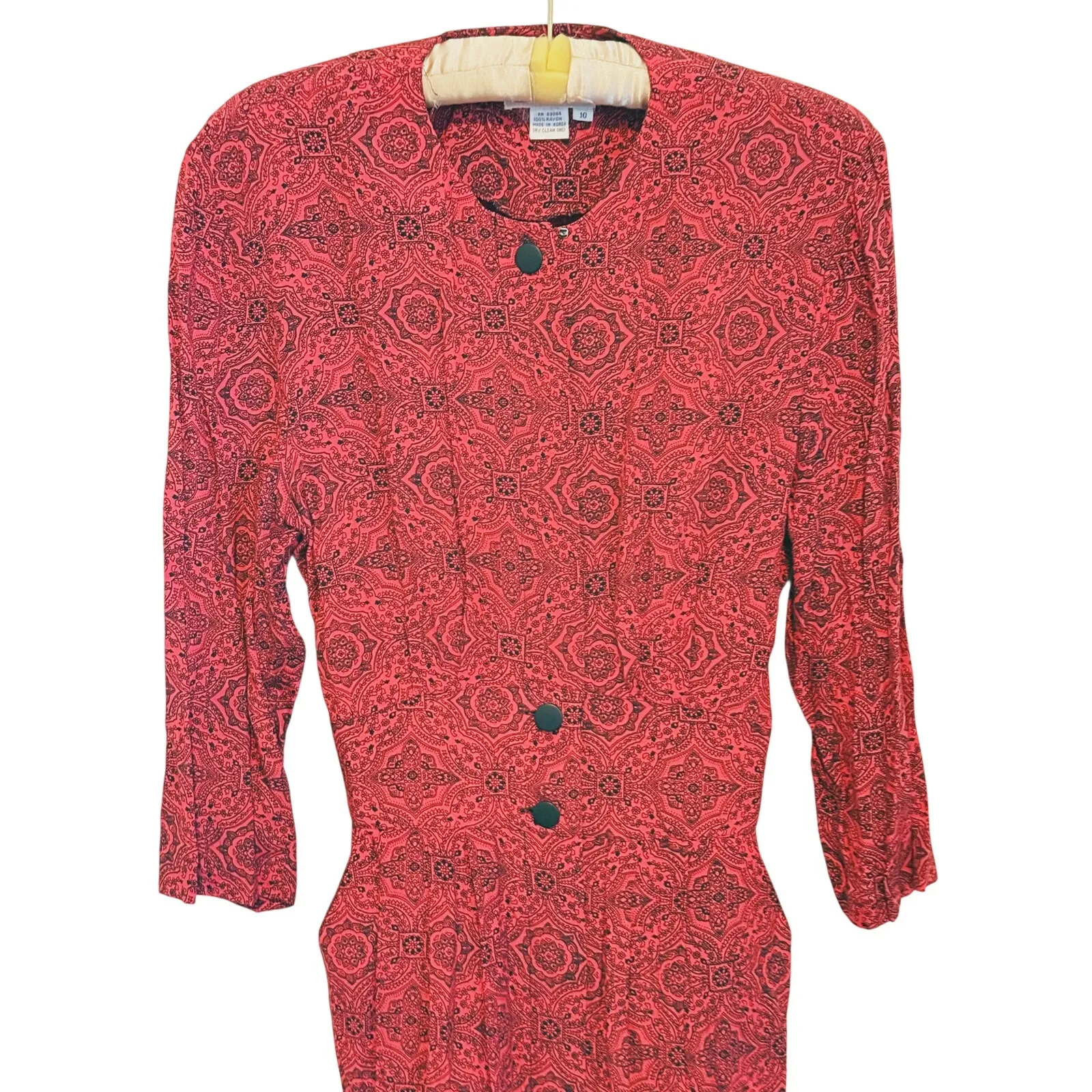 Vintage Karin Stevens 1980s Paisley Blouson Midi Dress 10 Red Black Career Retro - Image 4
