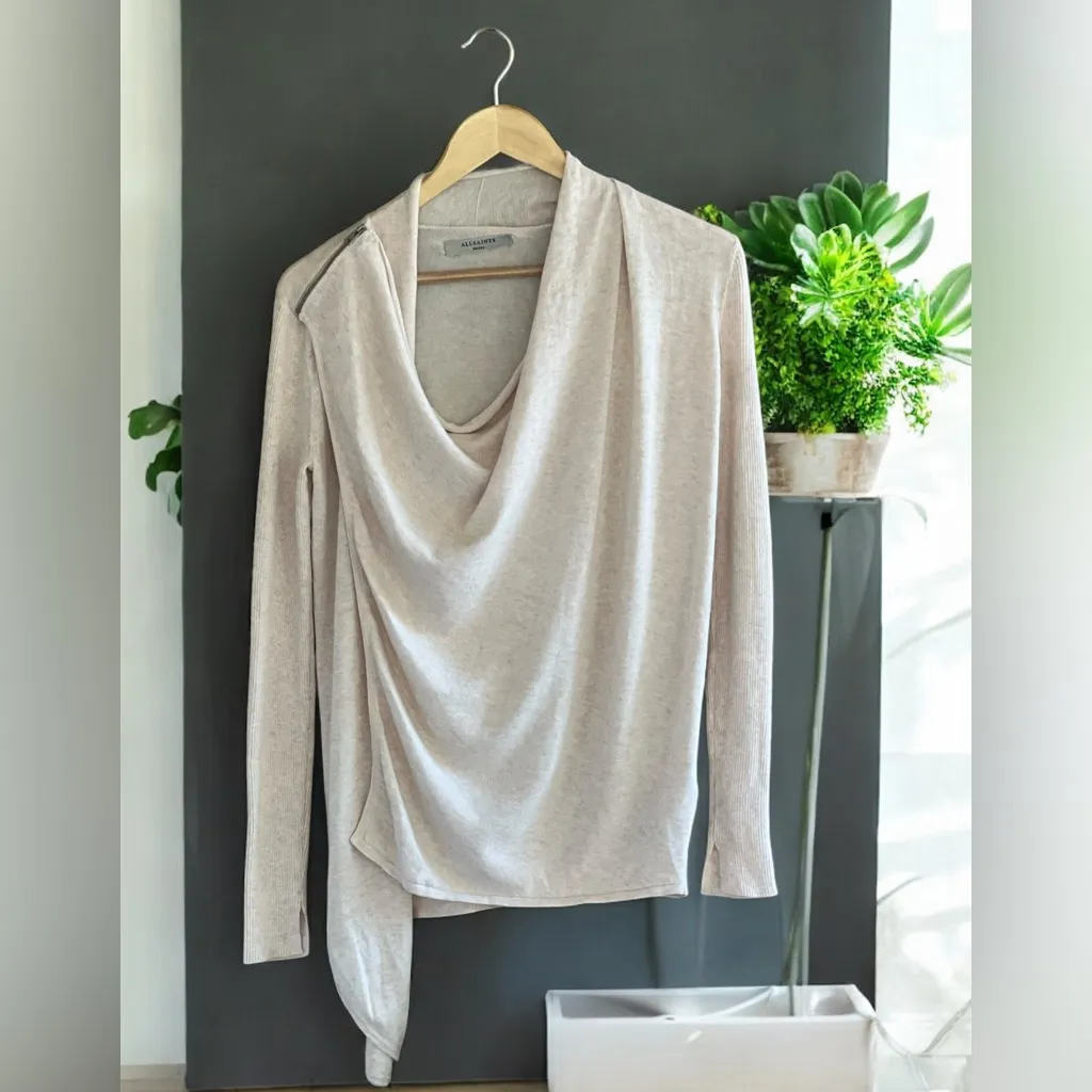 AllSaints Drina Ribbed Asymmetrical Zipper Shoulder Merino Wool Cardigan. - Image 2