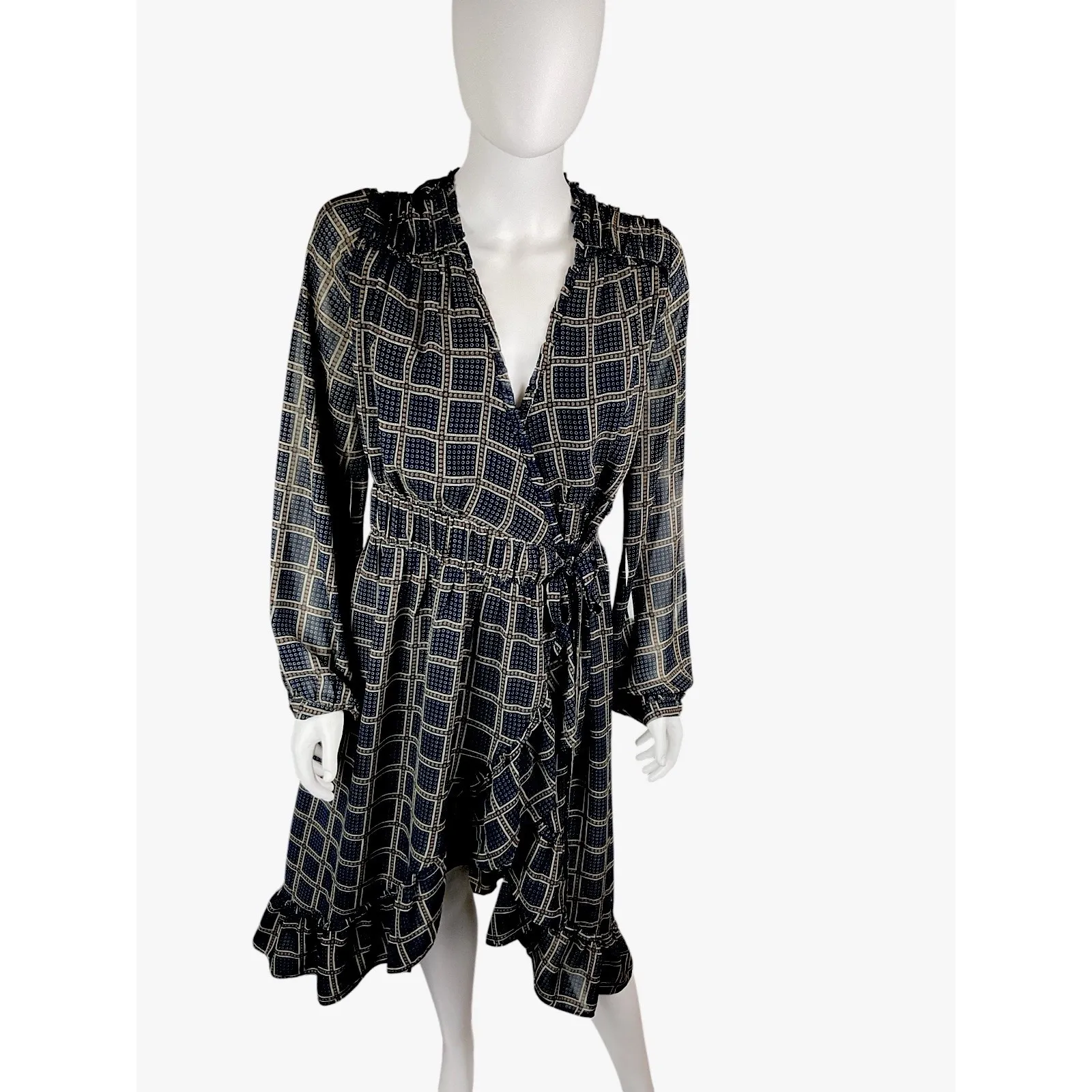 Anthropologie dRA Cicero‎ Wrap Asymmetric Dress Ruffle Plaid Boho Blue - Large - Image 2