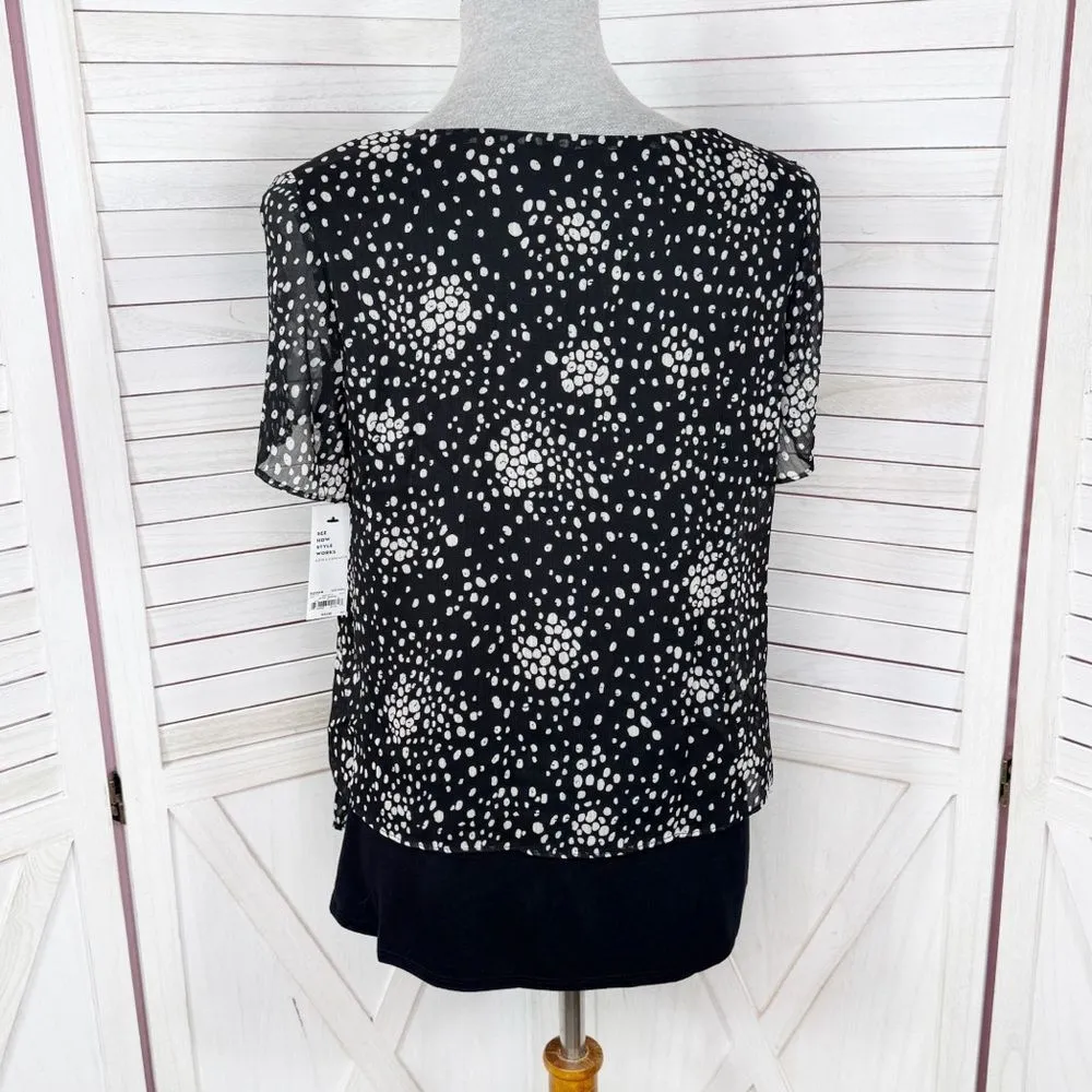 Apt. 9 Polka Dot Tiered Layers Split Flutter Sleeve Top Blouse Black White Small - Image 4