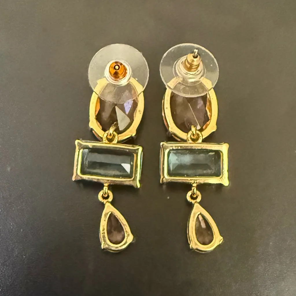 Signed 925 Gold Over Silver Vermeil Peach & Blue Glass Crystal Drop Earrings Pink - Image 5