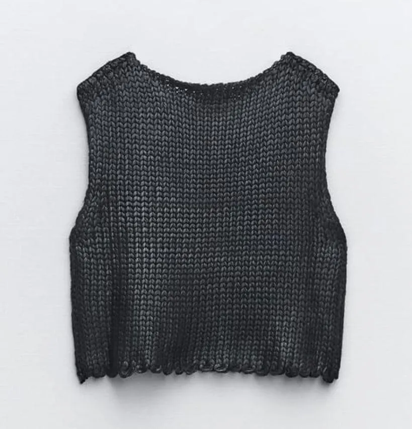 NWT ZARA FOIL KNIT VEST IN BLACK  (Cropped round neck vest) Size Small - Image 7