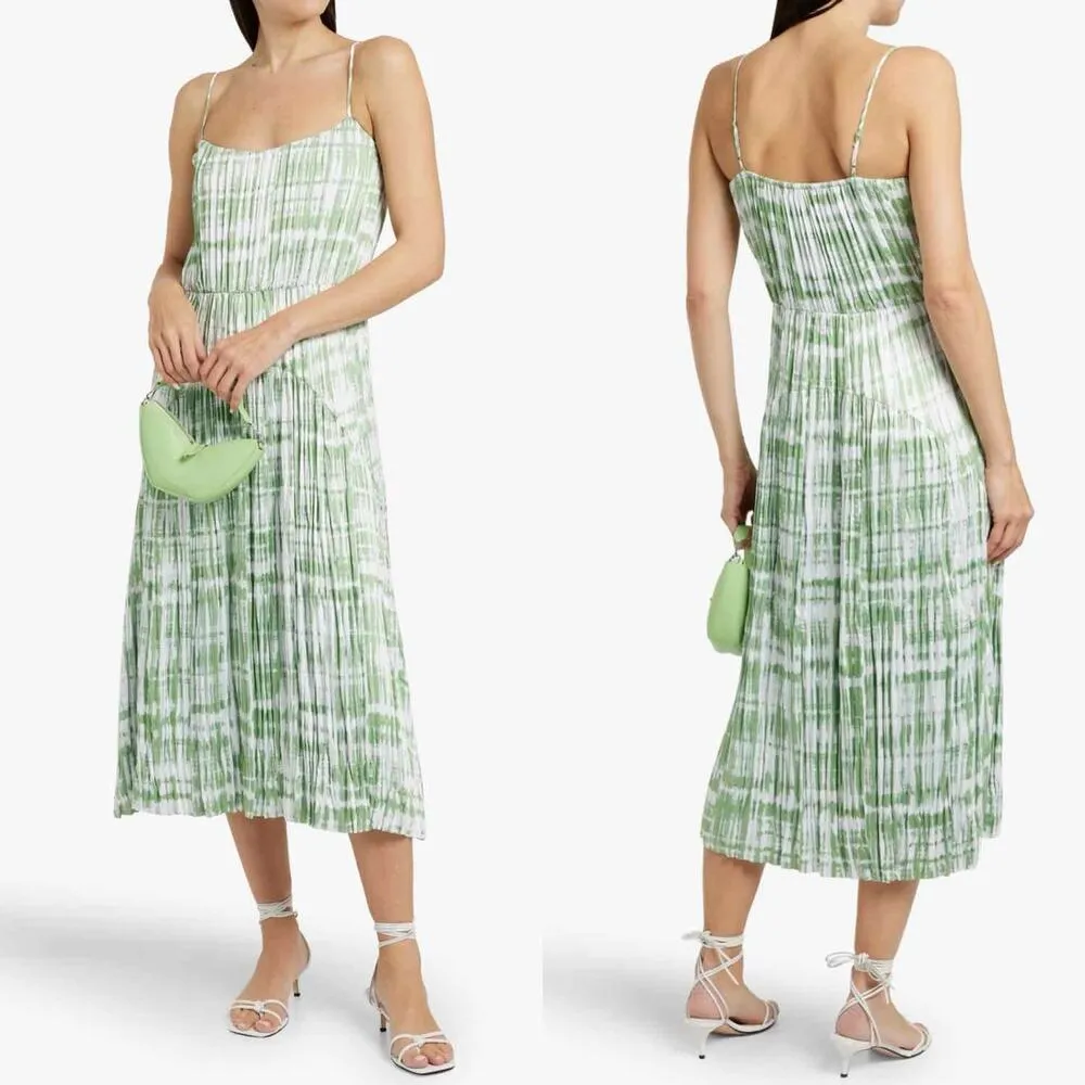 VINCE. Tie Dyed Sleeveless Satin Midi Dress Size Large White Green - Image 8