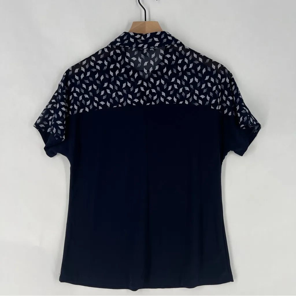 Ivy Ridge Navy Blue Patterned Mesh Neckline Stretch Jersey Knit Dolman Polo Top - Image 7