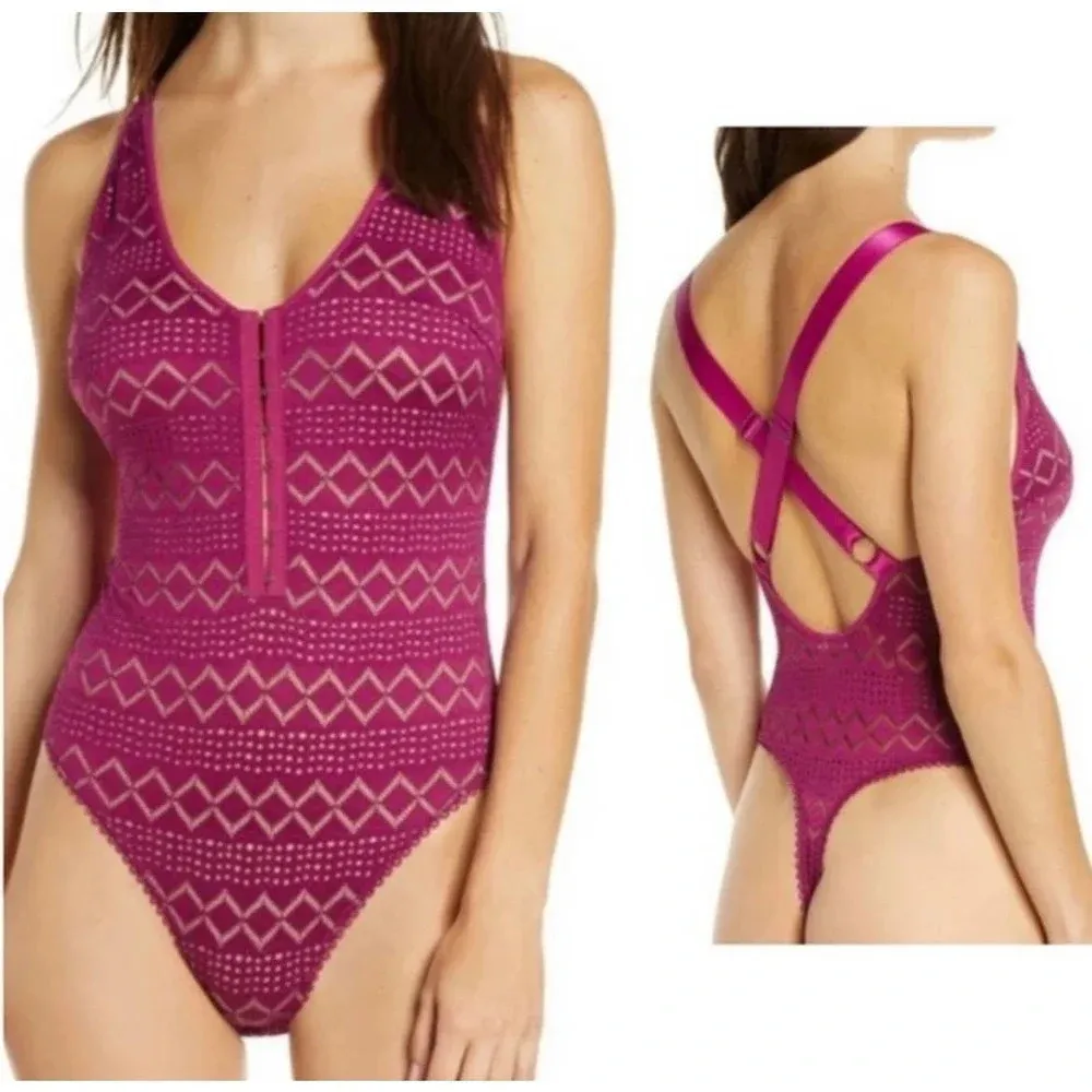 FREE PEOPLE Thank You Never Bodysuit in Myrtle‎ Magenta Size US XS - Image 2